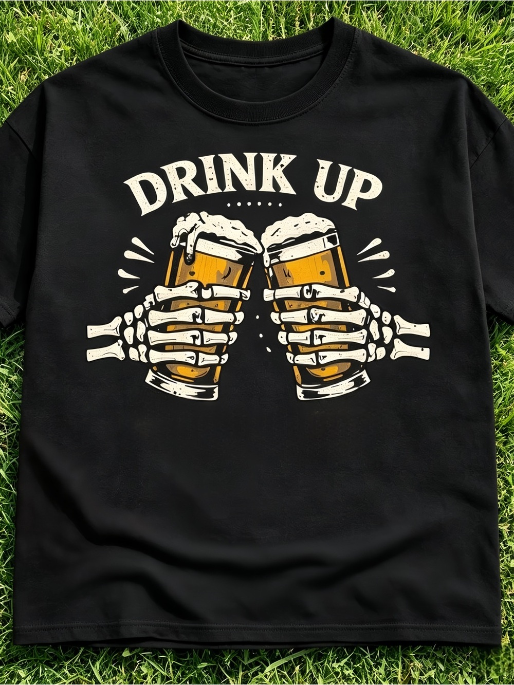 Y2K Fun St. Patrick's Day Beer Skull Pattern T-Shirt, Black, Unisex.